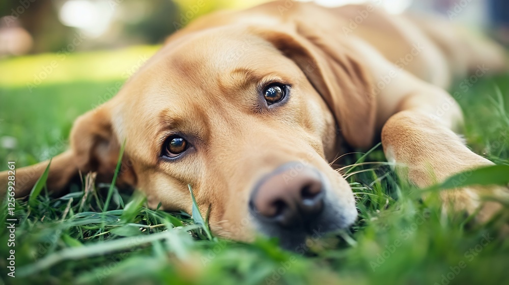 Poster loyal labrador dog laying on green lawn with soft focus capturing its gentle expression : generative