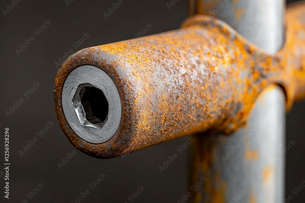 Poster close-up of old rusty bolt with hexagonal socket on a metal structure in industrial setting