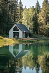 Obraz premium A charming, contemporary house nestled by a tranquil lake is embraced by a lush forest, creating a serene and picturesque natural setting during daylight hours