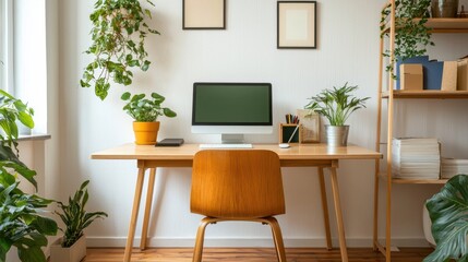 Fototapeta premium A modern workspace featuring a wooden desk, a computer, plants, and a comfortable chair, creating a cozy and productive atmosphere.