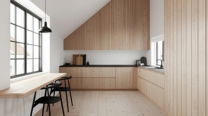 Fototapeta premium A modern kitchen featuring light wood cabinetry, a minimalist design, and large windows creating a bright and airy atmosphere.