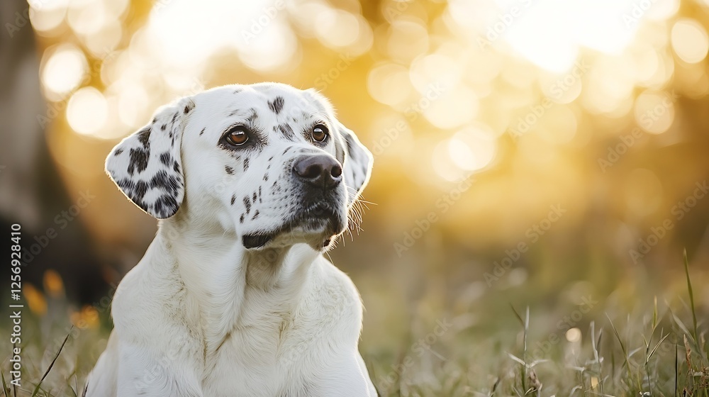 Aufkleber Cute Dalmatian Dog Sitting in Grass with Sunlight Filtering Through Trees : Generative AI