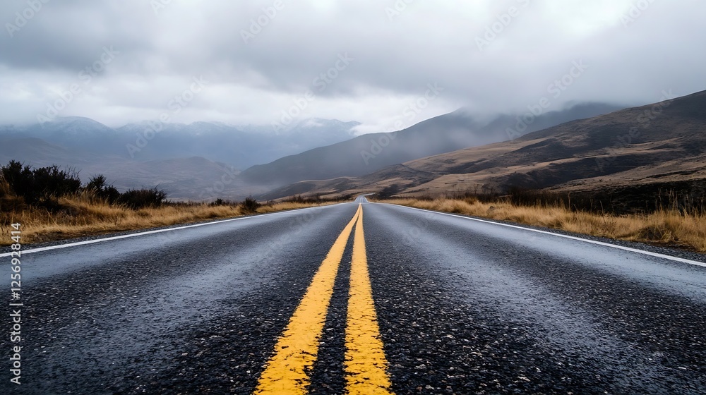Poster empty road stretching toward mountains surrounded by cloudy sky and rain : generative ai