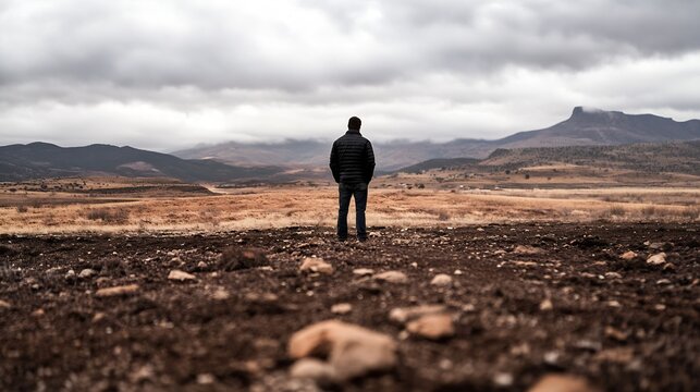 Exploring the vastness of nature with a lone figure against dramatic mountains : Generative AI