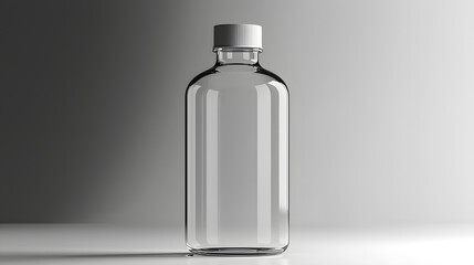 Empty Glass Bottle Mockup: A clean, clear glass bottle with a white cap stands on a simple surface, ideal for showcasing your product designs or branding concepts.