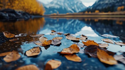 Autumn Leaves Floating on Calm Mountain Lake