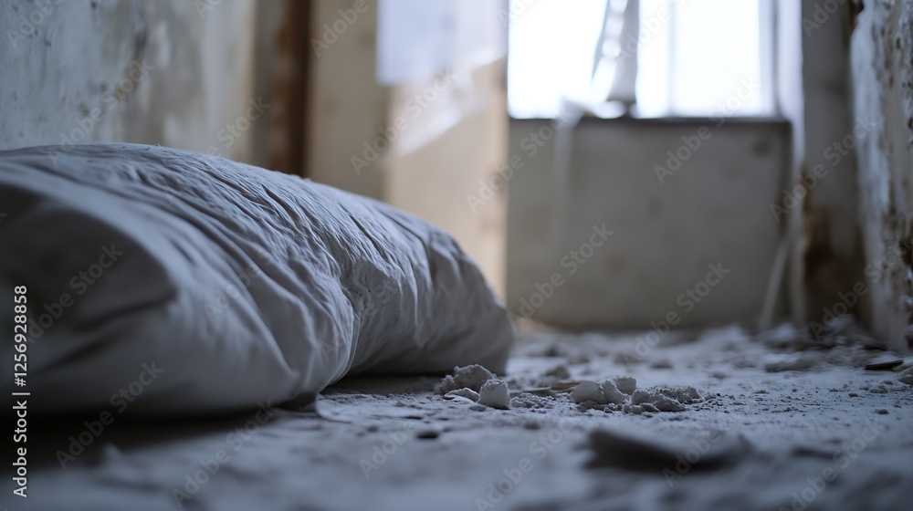 Poster abandoned room with a worn pillow and debris creating an eerie atmosphere of neglect and decay : gen