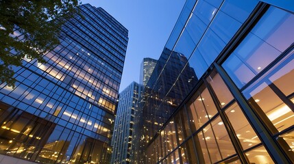 Fototapeta premium Modern glass buildings reaching for the sky under the evening light with reflections and intricate designs : Generative AI