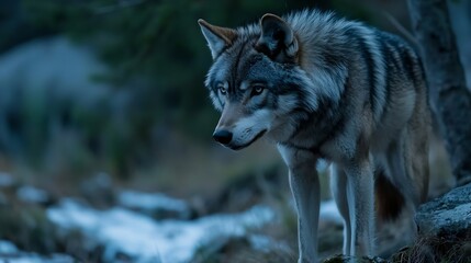 Obraz premium Majestic wolf standing quietly in a snowy forest embodying the essence of wild nature : Generative AI