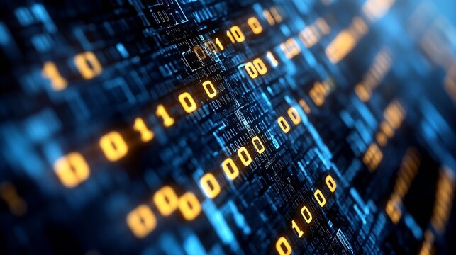Abstract view of glowing binary code in a digital landscape illustrating advanced technology and data : Generative AI - Powered by Adobe