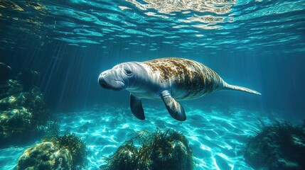Underwater scene featuring a manatee swimming gracefully among vibrant aquatic plants in clear water
