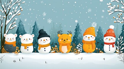 Cute winter scene featuring adorable snowmen and animals in a snowy forest setting