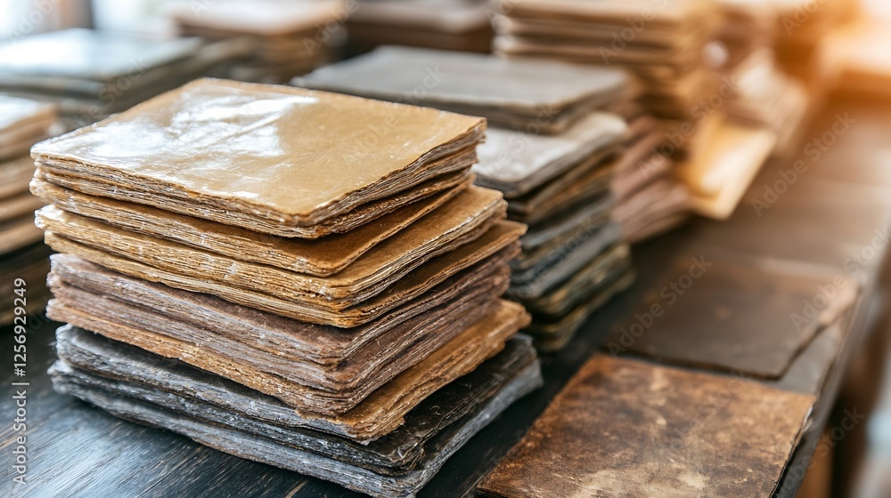 Poster Neatly arranged tiles in various colors and textures stacked on a wooden table : Generative AI