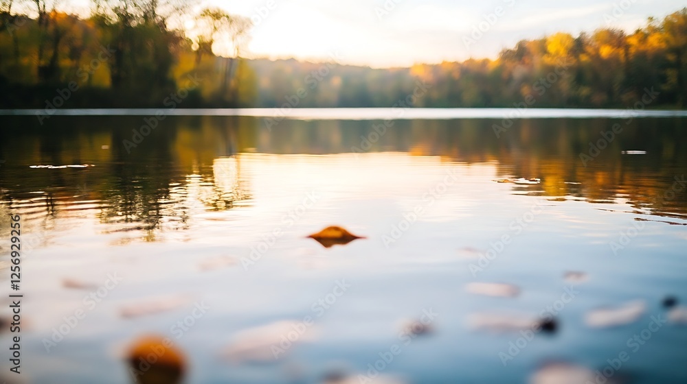Poster Tranquil lake view with floating leaves and serene reflections in autumn colors : Generative AI