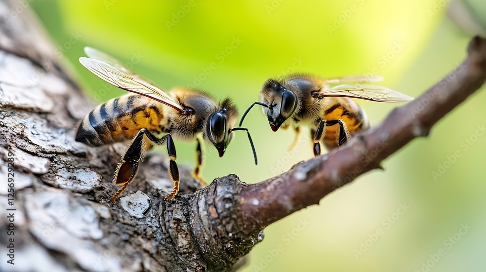 Poster Closeup of two busy bees interacting on a branch in a vibrant natural setting : Generative AI