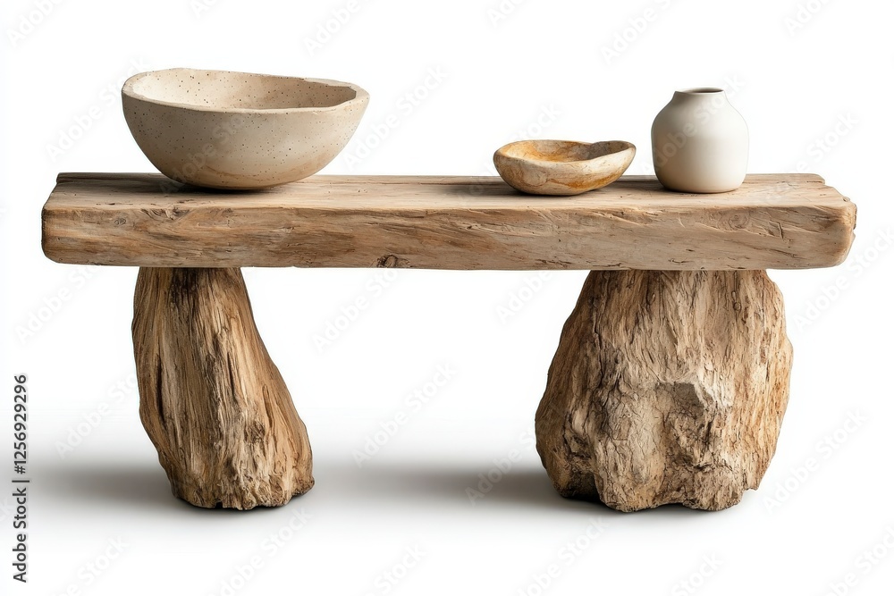 Poster rustic wooden table with unique stone bases and minimalist ceramic bowls on display in a modern sett