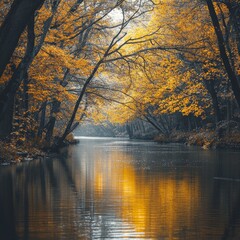 Obraz premium Autumn River Path, Golden Leaves, Calm Water, Forest Background, Nature Scene