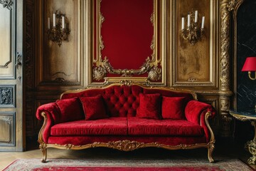 Red velvet sofa in ornate gold room.