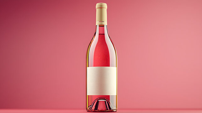 Rose Wine Bottle Mockup: A sleek bottle of rosé wine stands elegantly against a soft pink backdrop, showcasing a clean, white label perfect for customization.