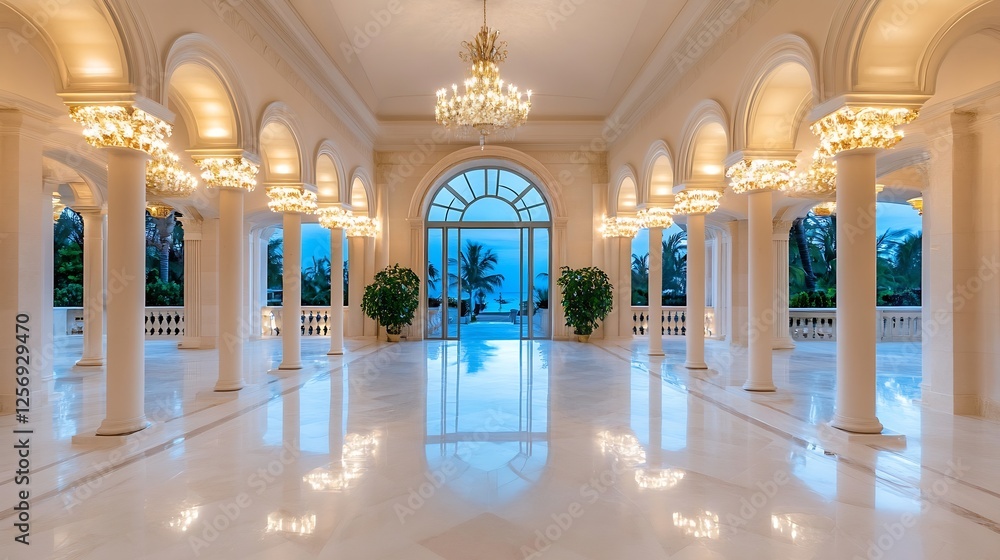 Aufkleber spacious luxury hall with elegant chandeliers and large arched windows overlooking a serene landscap