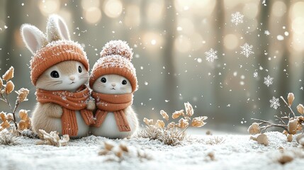 Two adorable winter-themed animals wearing orange hats and scarves in a snowy forest setting