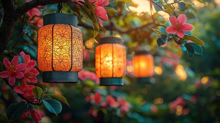 Beautifully illuminated lanterns hanging from a flowering branch in a serene garden at dusk