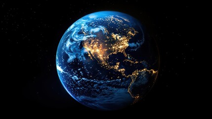 Fototapeta premium Aerial view of earth illuminated by city lights at night showcasing continents and oceans