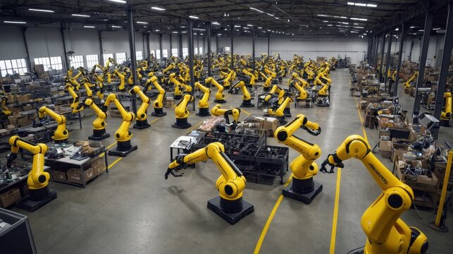  A vast warehouse filled with robotic arms ready for industrial automation