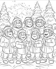 coloring page for kids seven stand apes with christmas clothes singing cartoon style thick lines low details no shading christmas trees and nature on backgroun