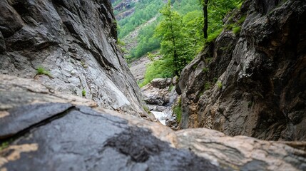 Obraz premium Breathtaking view of rocky cliffs and lush green trees along a winding mountain trail : Generative AI