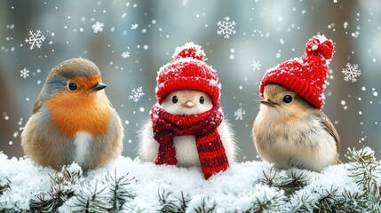 Three adorable birds wearing red hats and scarves amidst falling snowflakes in a winter forest