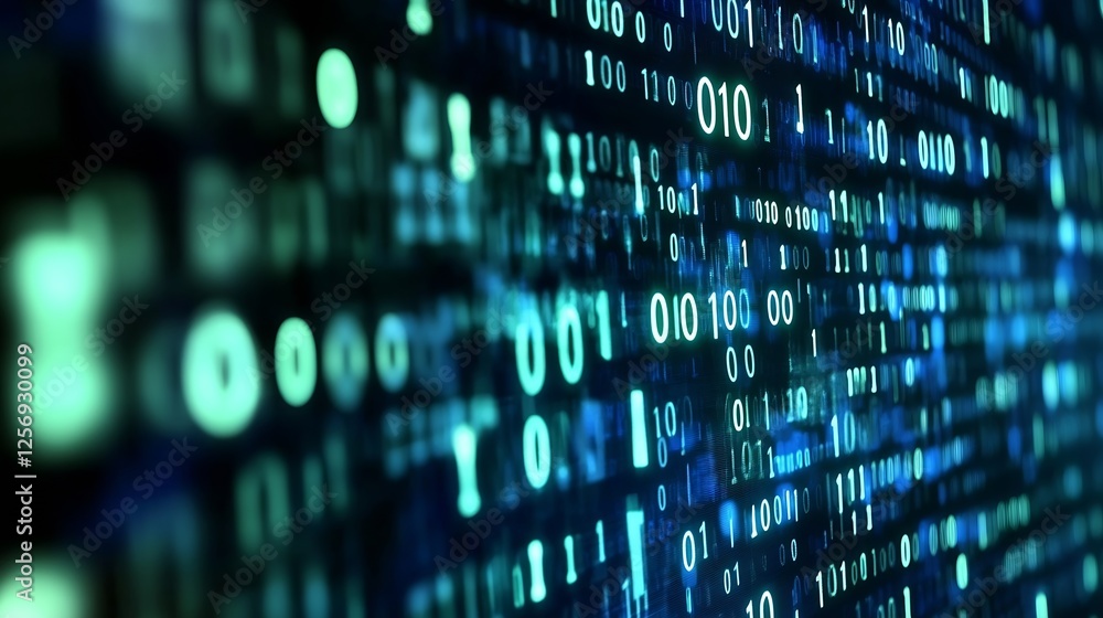 Poster Vibrant visual depiction of binary code streaming down a futuristic digital landscape : Generative AI