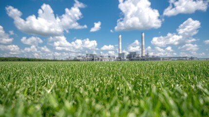 Lush green field, power plant background, sunny day, environmental contrast