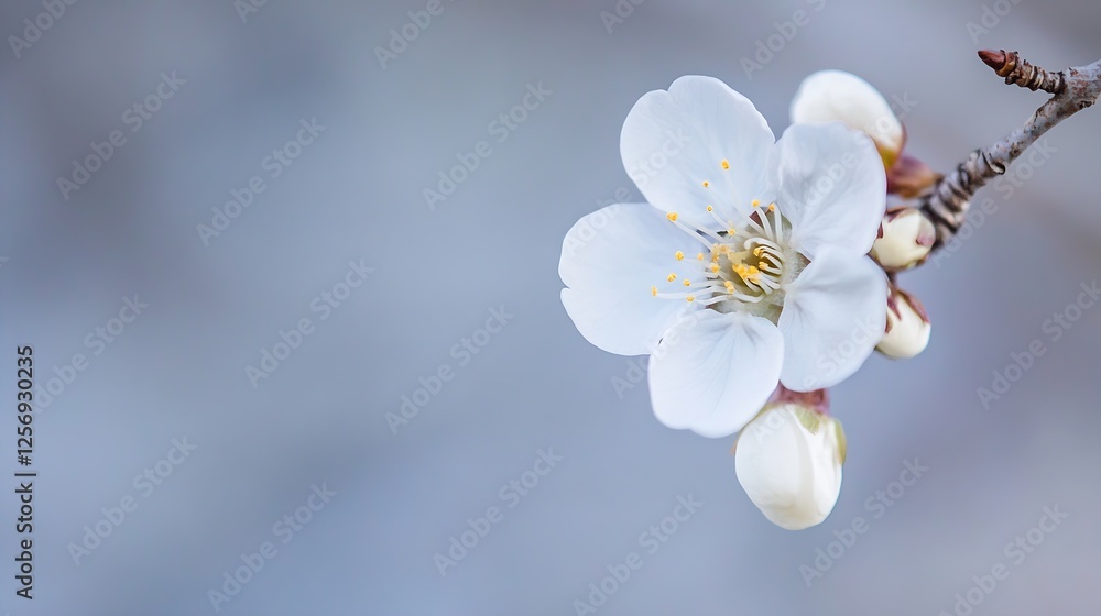 Aufkleber delicate white cherry blossom flower on a branch against a soft and blurred blue background in sprin