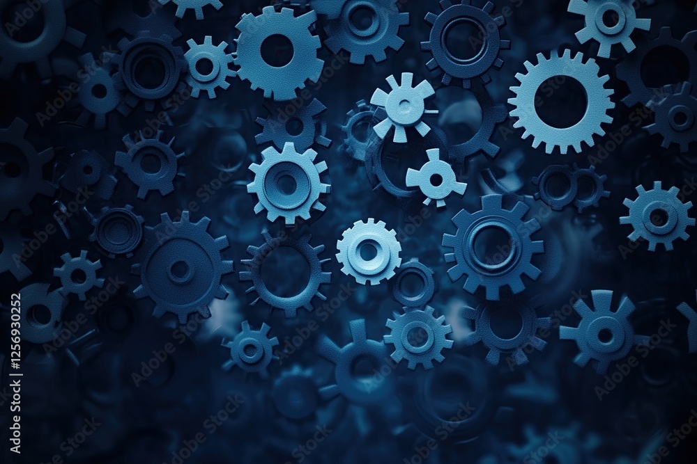 Poster interlocking gears: complex machine system working seamlessly, illustrating synergy and precision in