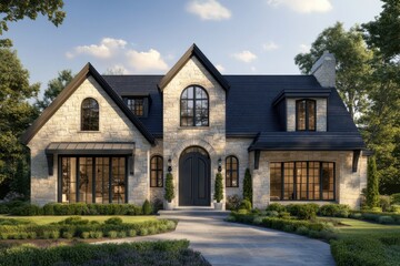 Naklejka premium A charming stone house featuring expansive windows, nestled amidst vibrant greenery, all set against a backdrop of a clear blue sky in the afternoon