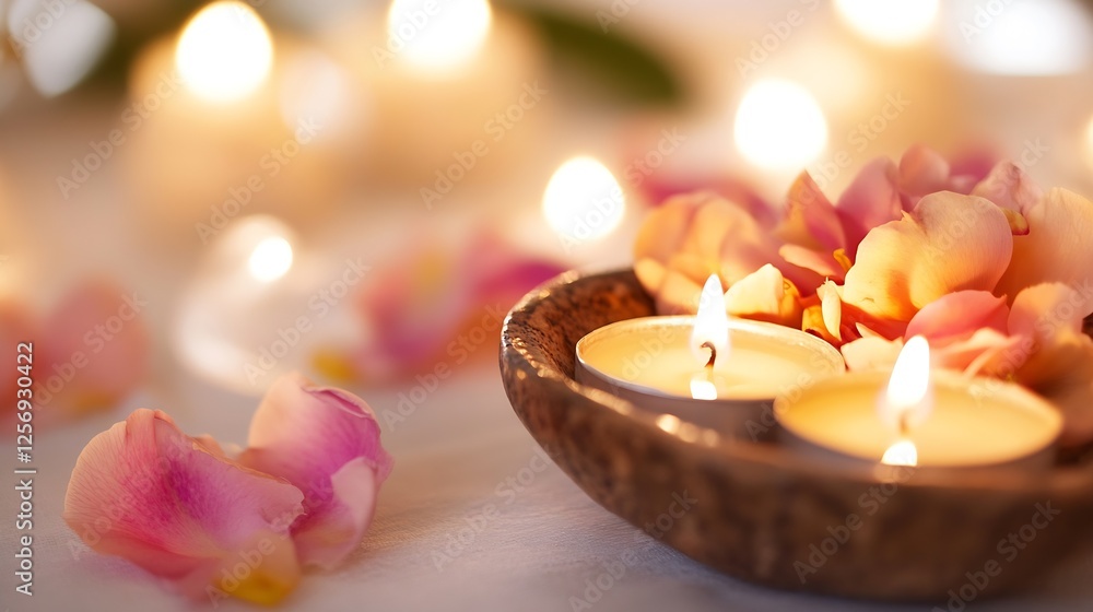 Poster calming arrangement of glowing candles and vibrant flower petals on a soft surface creating a serene