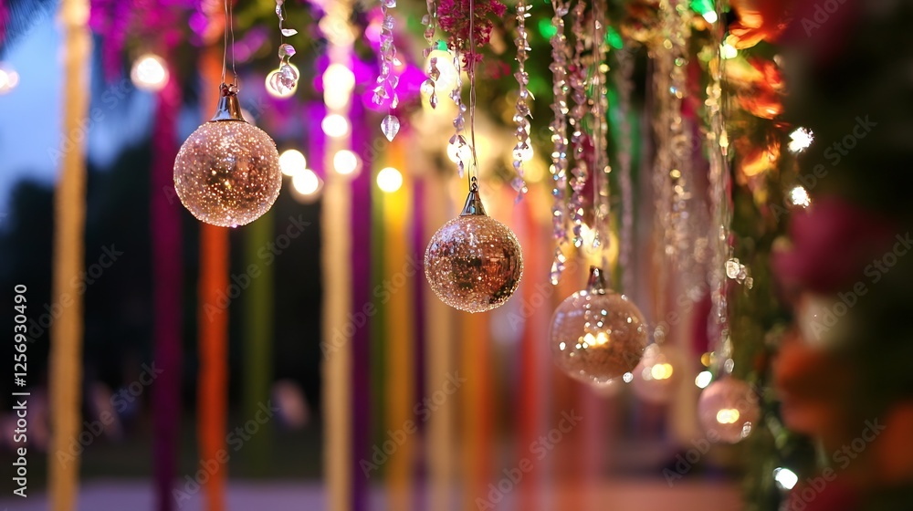 Poster sparkling decorative ornaments hanging with vibrant colors creating a festive ambiance for celebrati