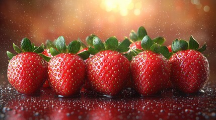Fresh strawberries lined up on a reflective surface with droplets, set against a blurred background