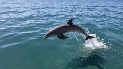 Naklejka premium A playful dolphin leaps gracefully above the shimmering ocean waves