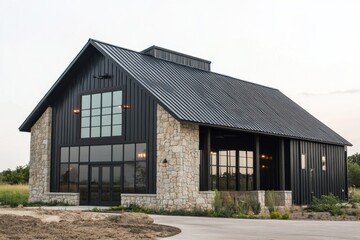 Obraz premium Modern barn-style building features a sleek design with large windows and stone accents, set against a peaceful landscape at dusk