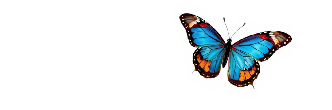 Colorful butterflies including plain tiger, common morpho, and rice paper species gracefully flying on a stark white background, fluttering, flying, common morpho