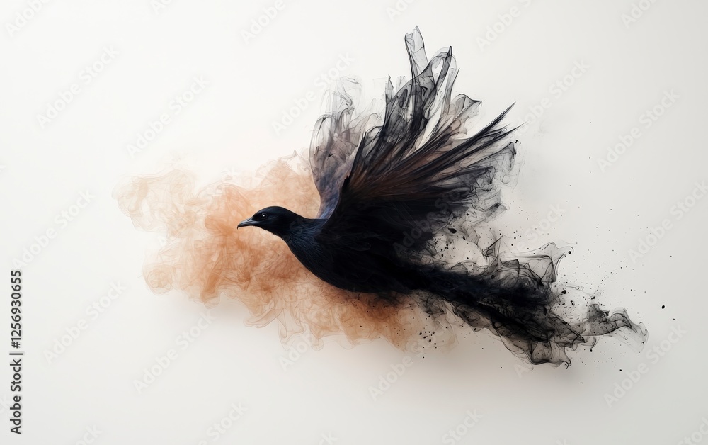 Poster impressive artistic representation of a black bird in motion with colorful textures and dynamic elem