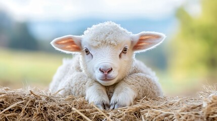 Fototapeta premium Adorable fluffy sheep resting on hay in a beautiful pastoral landscape during a sunny day : Generative AI