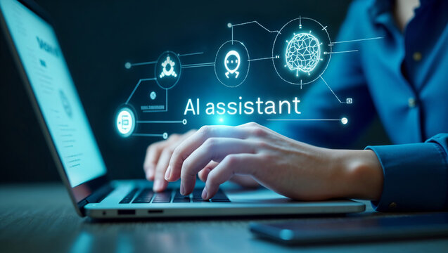 Man with laptop and AI assistant dashboard drives agentic workflows for digital transformation - Powered by Adobe