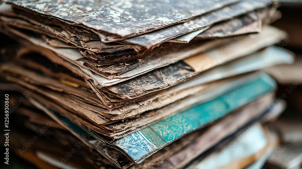 Poster A closeup view of stacked old books and documents showing history and nostalgia : Generative AI
