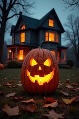 Obraz premium A glowing jack-o'-lantern sits on the lawn before a dimly lit house on a cool autumn evening.