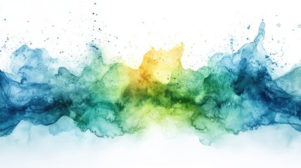 Abstract watercolor splash in vibrant hues of blue, green, and yellow, creating a dynamic background