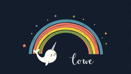 Naklejka premium Cute bohemian nursery poster with cartoon characters, rainbow, and narwhal for children's bedroom decor, cute characters, vector, rainbow