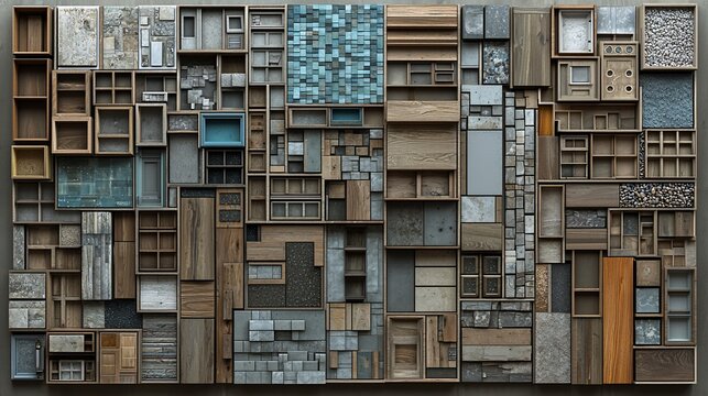 Wood, stone, tile samples in boxes; interior design textures
